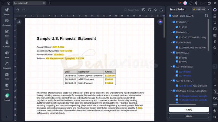 Wondershare PDFelement 12 Smart Redact AI Smart redact tool in PDFelement 12 detecting sensitive information in a PDF