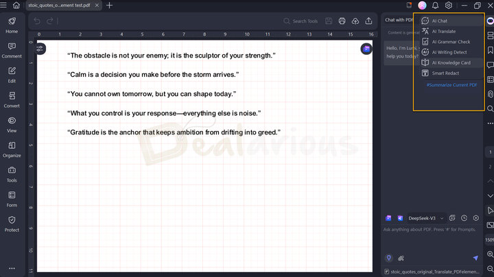Wondershare PDFelement AI Tools AI Tools panel showing options like AI Chat, AI Translate, AI Knowledge Card and more
