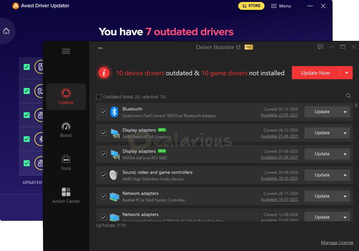 Avast Driver Updater vs Driver Booster detected drivers comparison showing Avast with 7 outdated drivers and Driver Booster with 10 device drivers plus 10 game drivers