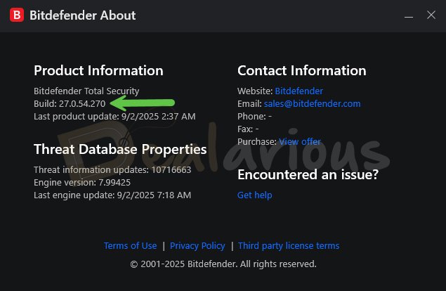 Bitdefender Total Security about screen showing build number 27.0.54.270 and update details.