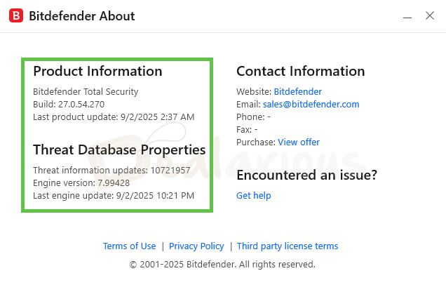 Bitdefender About window showing Total Security build version and threat database update details.