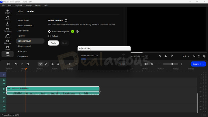 Using the AI Noise removal feature in Movavi Video Editor to clean background noise and enhance audio clarity