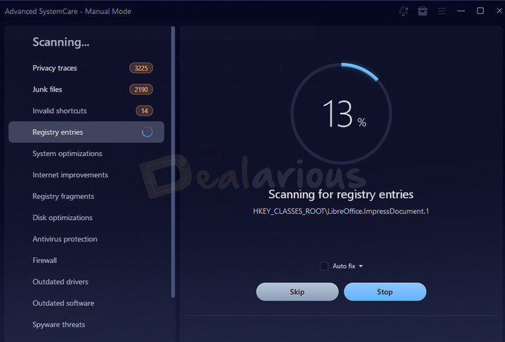 Advanced SystemCare Manual scanning in progress