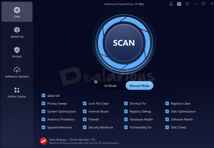 Homescreen of Advanced SystemCare 19 Pro showing five left-side navigation tabs, a Central Scan button, and AI Mode and Manual Mode options