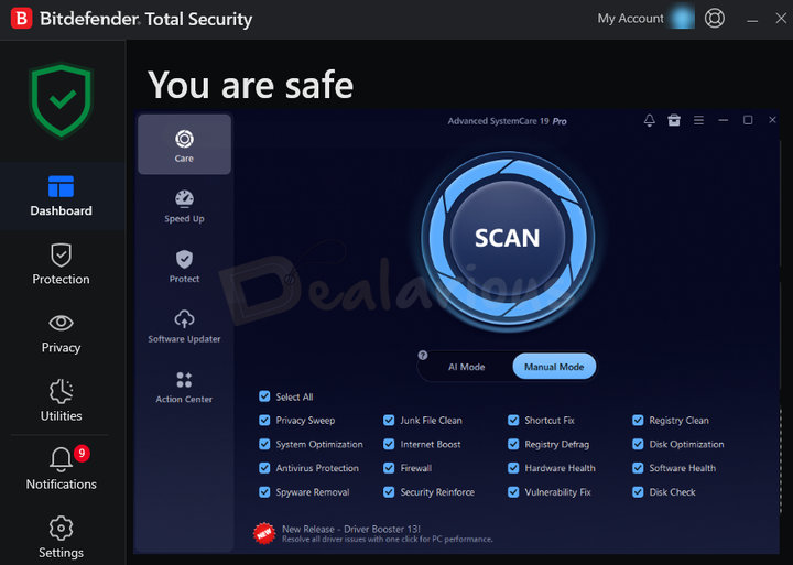 Bitdefender and Advanced SystemCare interfaces displayed together, indicating both programs work well without conflict.