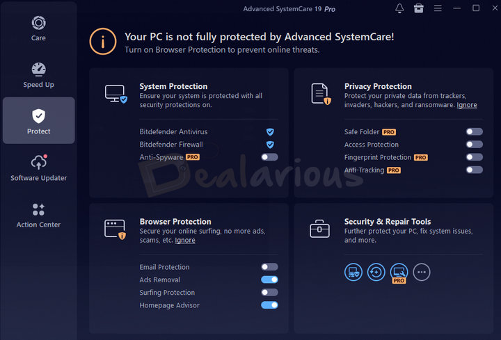 Protect tab displaying System Protection, Browser Protection, Privacy Protection and Repair Tools.