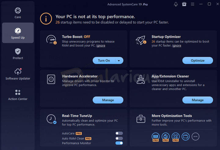 Speed Up tab showing Startup Optimizer, Real-Time TuneUp, Turbo Boost and more.