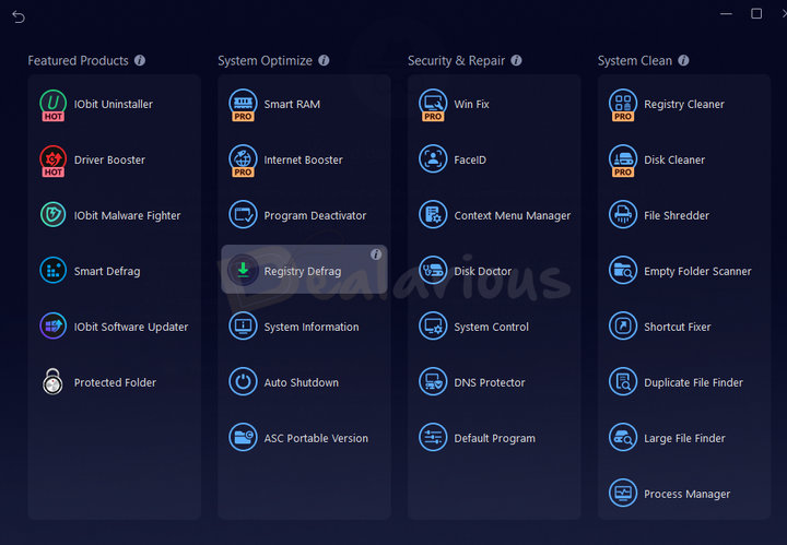 Toolbox in Advanced SystemCare showing modules like Registry Cleaner, Disk Cleaner, Samrt RAM, Windows Fix, and other tools.