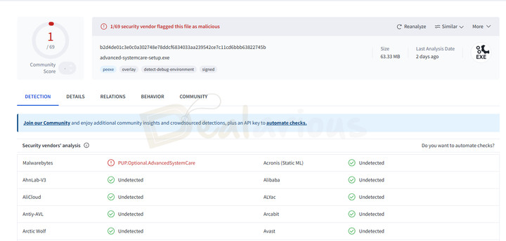 VirusTotal scan result of Advanced SystemCare setup file showing all engines clean except Malwarebytes detecting it as PUP