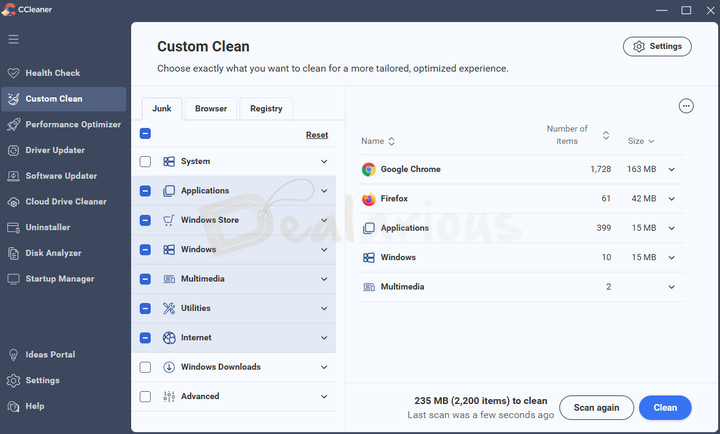 CCleaner 7 Custom Clean section showing Junk, Browser and Registry cleaning options