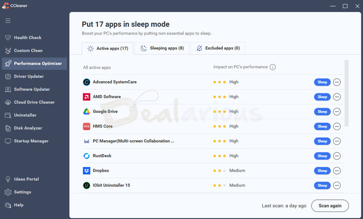 CCleaner 7 Performance Optimizer CCleaner Pro 7 Performance Optimizer showing sections for Active Apps, Sleeping Apps, and Excluded Apps