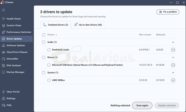 CCleaner Driver Updater Driver Updater feature in CCleaner showing outdated drivers and up-to-date drivers