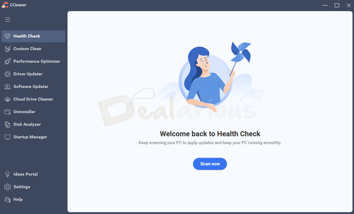 CCleaner Pro 7 home screen displaying PC Health Check, Custom Clean, Driver Updater, and Performance Optimizer options.