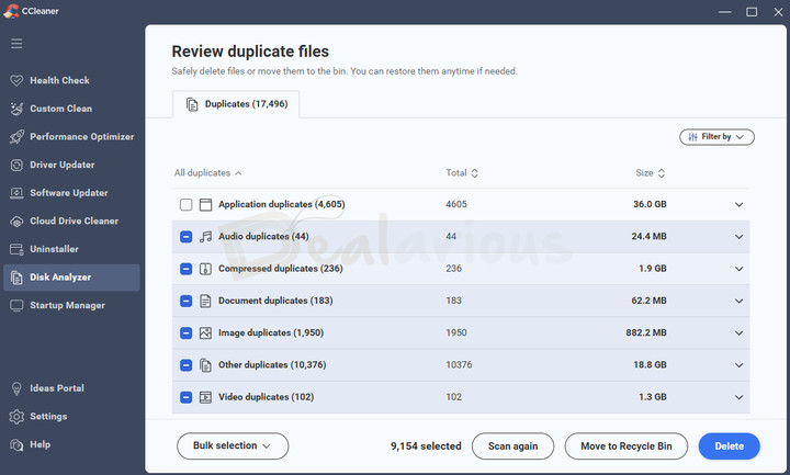Disk Analyzer CCleaner 7 Disk Analyzer tool showing duplicate files that you can delete to free up disk space