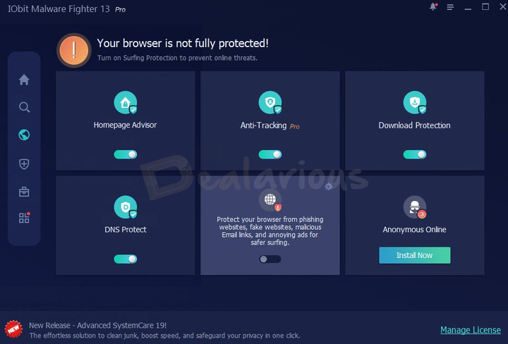 IObit Malware Fighter Browser Protection Tools IObit Malware Fighter interface highlighting the six features to protect your browsers.