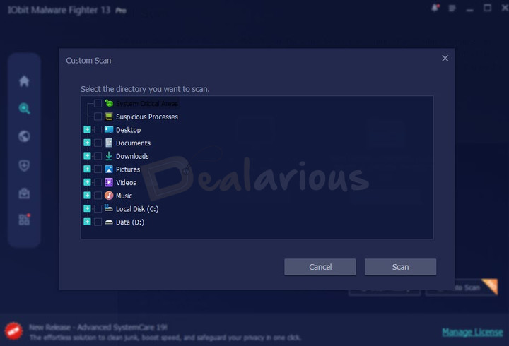IObit Malware Fighter Custom Scan IObit Malware Fighter Custom Scan tab with options to select specific files or drives for scanning.