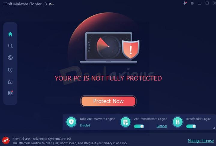 IObit Malware Fighter Pro Interface IObit Malware Fighter interface showing warning that the PC is not fully protected.