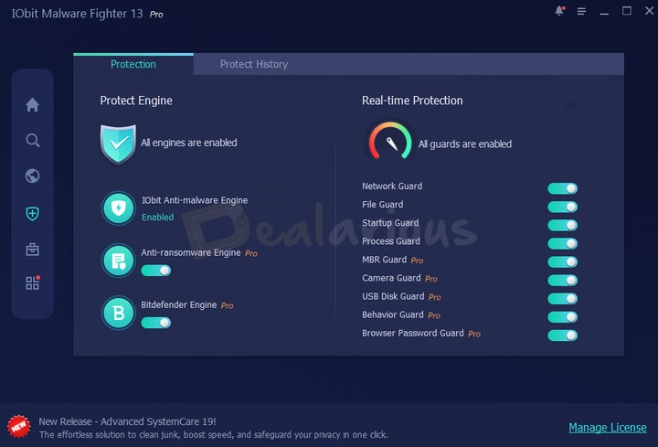 IObit Malware Fighter Real Time Protection Security Guard tab in IObit Malware Fighter showing real-time protection options.