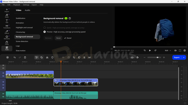 Movavi Video Editor's AI Background Removal feature in action, automatically detecting and removing the video background, keeping only the focus subject.
