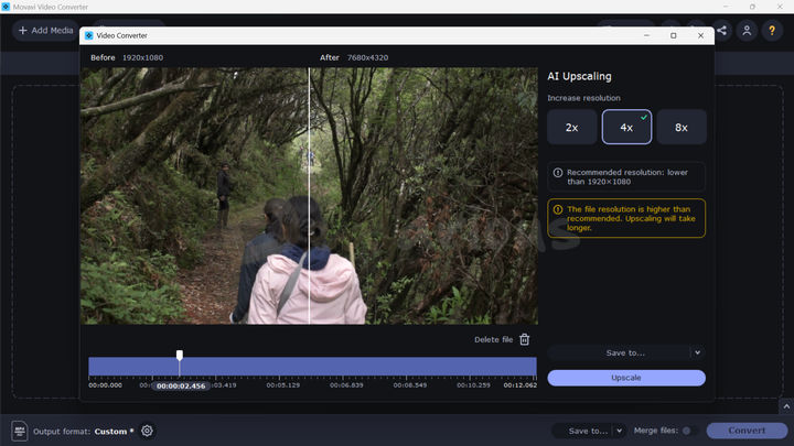 AI Upscaling a 1080p video to 8K with 4x clarity enhancement in Movavi Video Converter
