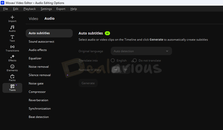 Movavi Video Editor 2026 showing audio editing tools like Auto subtitles, Silence removal, Audio effects, and Synchronization
