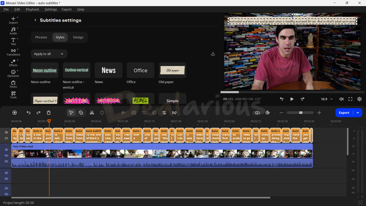 Displaying the new subtitle style options in Auto subtitles feature in Movavi Video Editor 2026
