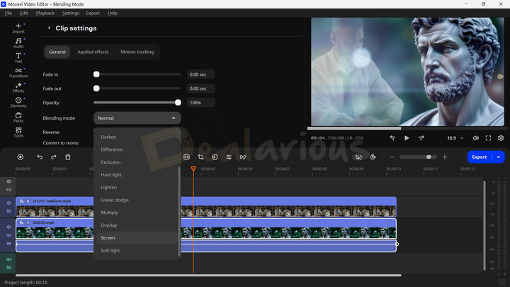 Movavi Video Editor displaying two layered video clips on the timeline, with the Clip Settings menu open and the Blending Mode option showing multiple blend types. 