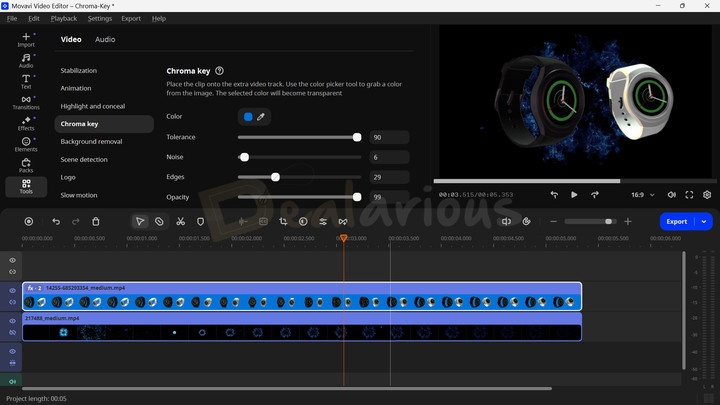Applying Chroma Key in Movavi Video Editor to remove a green screen background from a video clip