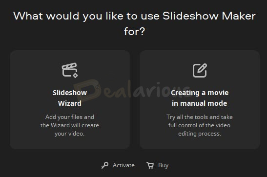 Movavi Slideshow Maker Create Slideshow Options Movavi Slideshow Maker startup screen showing two options to create a slideshow
