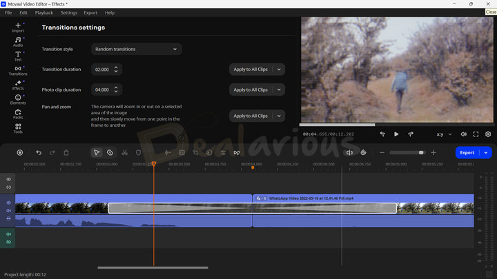 Applying and adjusting video transition effects in Movavi Video Editor for smooth scene changes