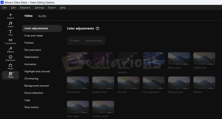 Movavi Video Editor 2026 showing video editing tools like Stabilization, Chroma key, Crop and rotate, and Scene detection