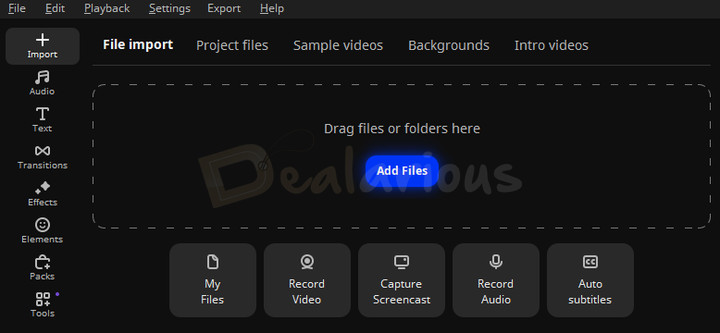 Movavi Video Editor File Import tab displaying options to import media files, record video, capture screencast, record audio and creating auto subtitles.