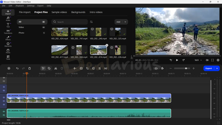The Movavi Video Editor interface 2026 shows imported video clips on the left, a preview panel on the right, and video and audio tracks on the timeline below.