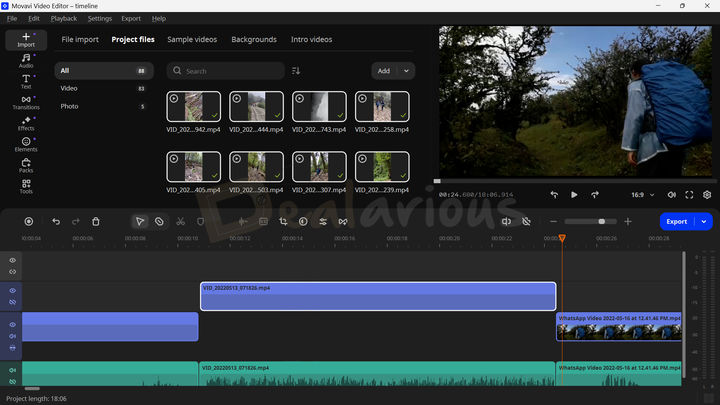Movavi Video Editor 2026 timeline view displaying multiple video and audio tracks, in-built player, and clips aligned sequentially for video editing
