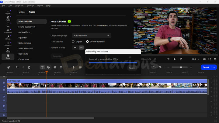 Generating automatic subtitles for a video using AI-based Auto subtitles feature in Movavi Video Editor