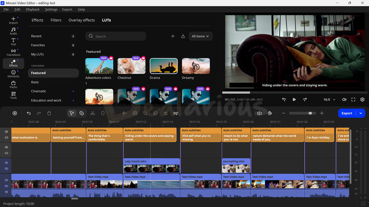 Movavi Video Editor showing an ongoing editing project, with effects collection on the left, preview on the right, and multiple precision cuts made across subtitle, video, and audio tracks on the timeline below