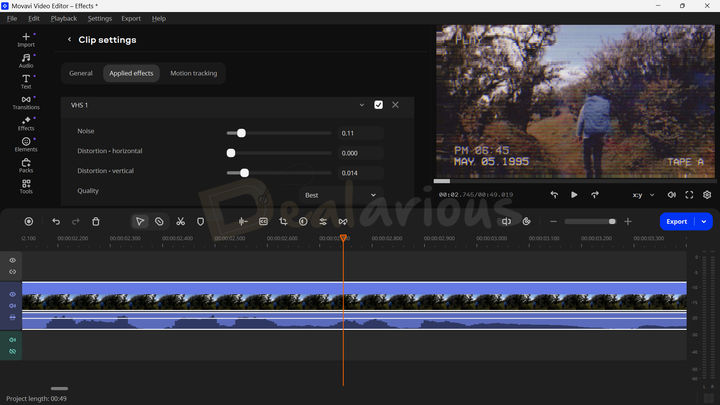 Movavi Video Editor showing the Applied effects panel open, to tweak different VHS1 effect settings like Noise, Distortion Horizontal, Distortion Vertical, and Quality.
