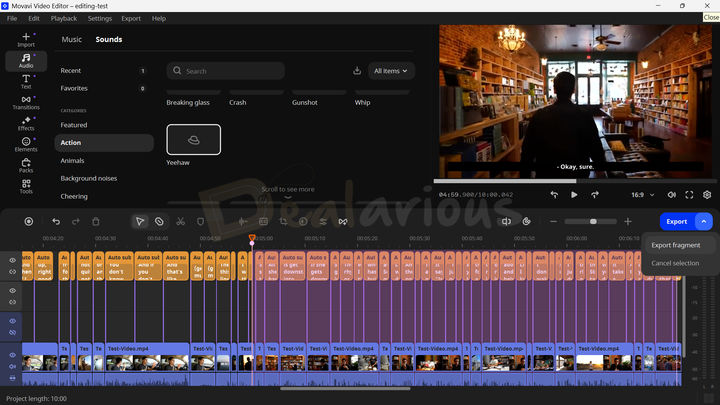 Movavi Video Editor interface showing the Export button with the Export fragment option to save only a selected part of the video.