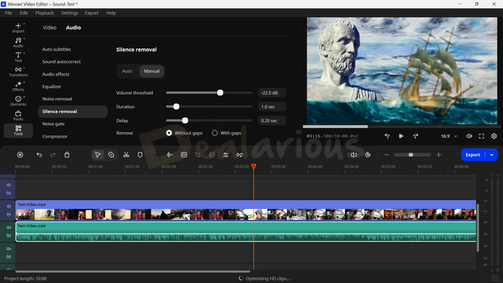 Testing the Silence removal tool to automatically cut silent sections from a video
