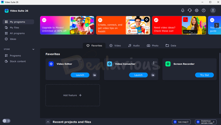 The interface of Movavi Video Suite 2026 with the My programs section, the program’s left side menu, and the top section.