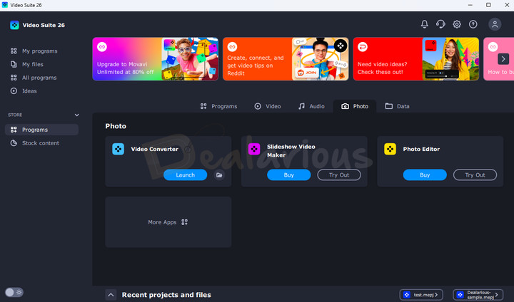 Movavi Video Suite 2026 Photo tools section showing options for image conversion, photo editing and slideshow creation.
