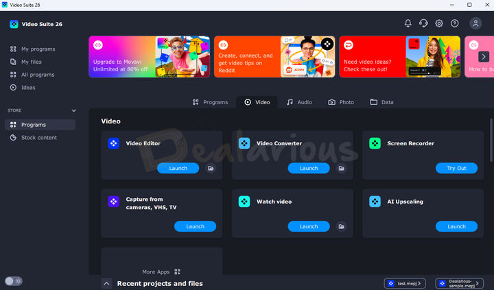 Movavi Video Suite 2026 Video tools section showing options for video editing, conversion, and screen recording