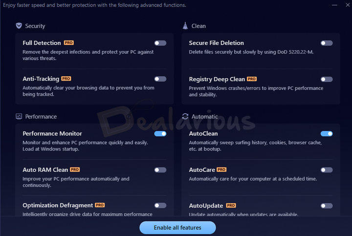 Advanced SystemCare 19 Pro Quick Settings panel showing 11 key functions that can be easily turned on or off