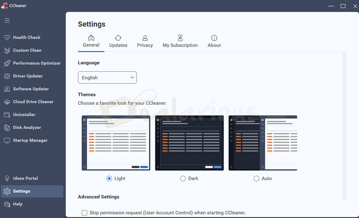 Settings The Settings section in CCleaner 7 with General, Updates, Privacy, My subscription and About tabs