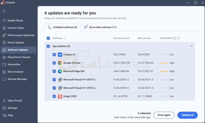 Software-Updater CCleaner Software Updater dashboard displaying list of outdated software that needs update and up-to-date software