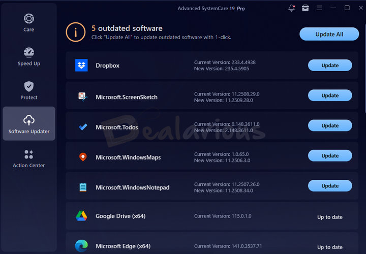 Software Updater in Advanced SystemCare showing outdated programs with update options