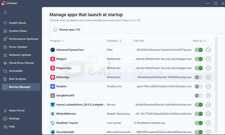 Startup Manager CCleaner 7 Startup Manager window showing options to manage apps that launch automatically at Windows startup
