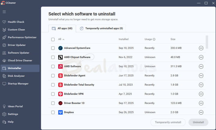 Uninstaller section in CCleaner 7 showing all installed apps, allowing you to uninstall or temporarily uninstall apps
