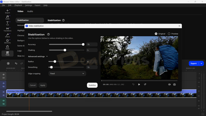 Stabilizing a shaky video clip in Movavi Video Editor 2026