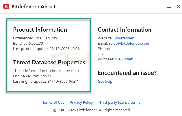 bitdefender-version-and-build-check Bitdefender About window showing Total Security build version and threat database update details.